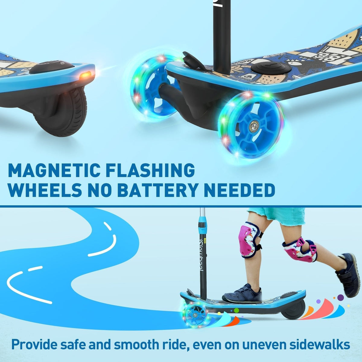 isinwheel Mini Long Range magnetic flashing wheels feature graphic with the LED wheels lit up and a child in knee pads stepping aboard on a sidewalk