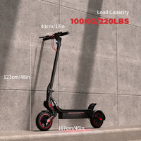 iScooter W8 dimension graphic showing 46 inch length, 48 inch height, 16.9 inch handlebar width, and 220 lb callout in the image.