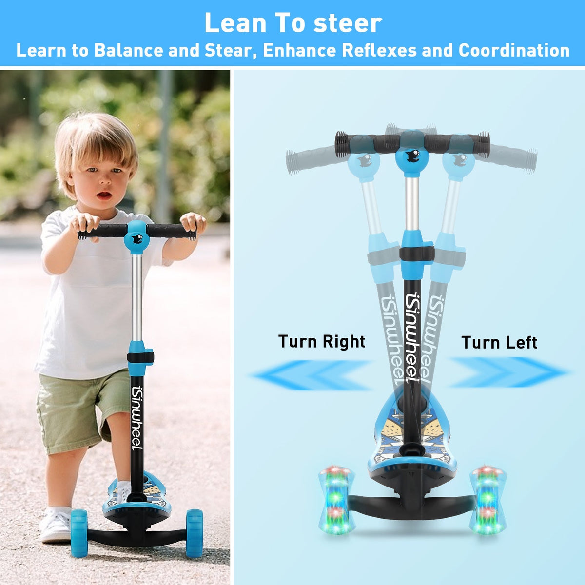 Helmeted child riding the blue isinwheel Mini Long Range on a paved path with parents in the background