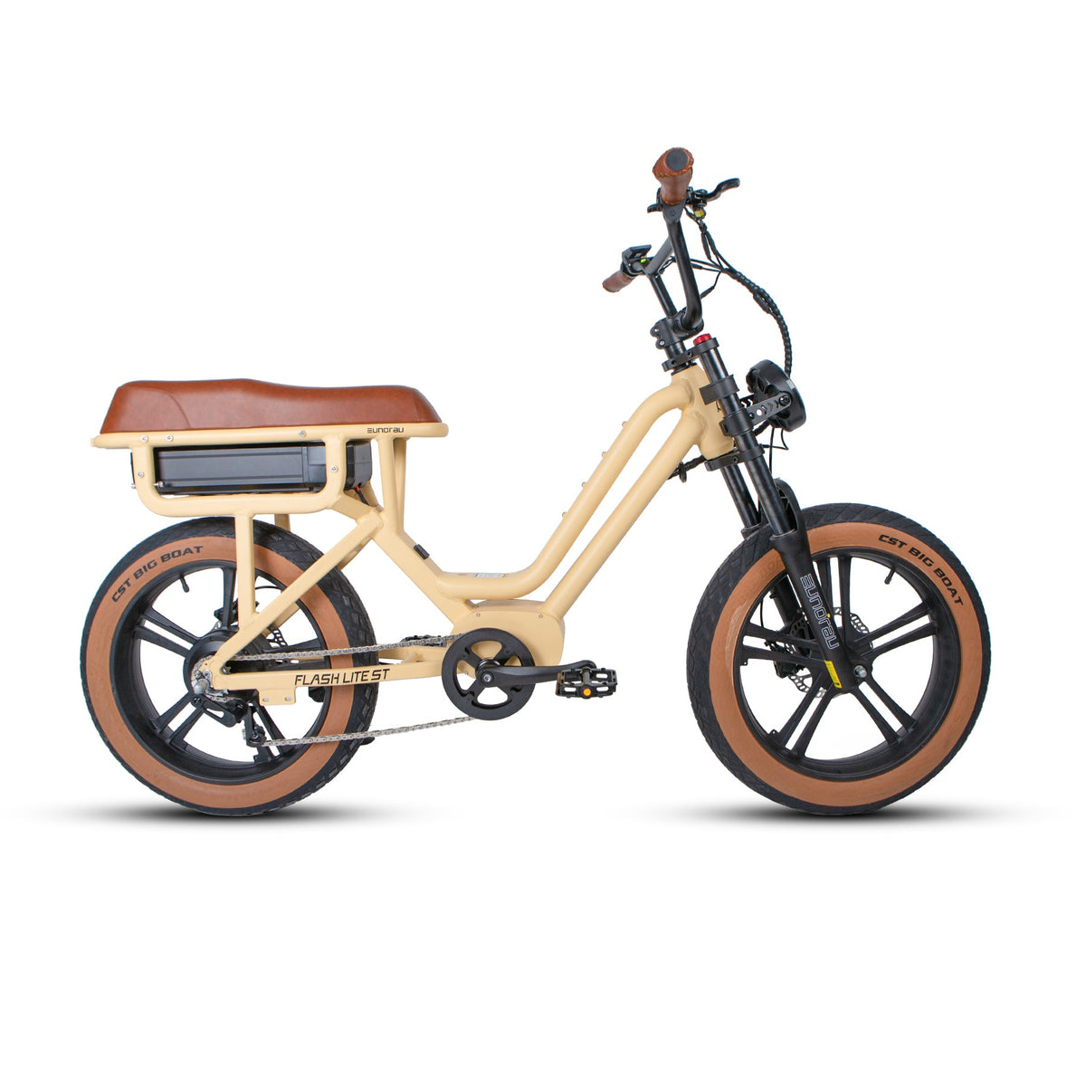 Ivory FLASH LITE ST 1.0, drive-side studio profile with extended brown saddle and rear battery