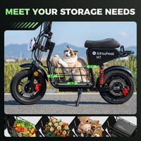 Side view of the H7 with a cat in the center basket and examples of groceries, flowers, a pet, and work gear below