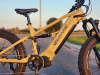 Close view of Olive Green Brawny XM frame, removable battery, mid-drive and rear suspension