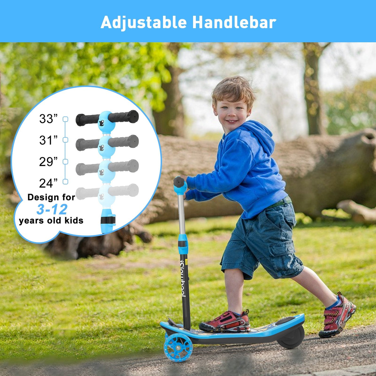 Blue isinwheel Mini Long Range kids electric scooter held by a young child by the handlebar grips in a sunlit yard