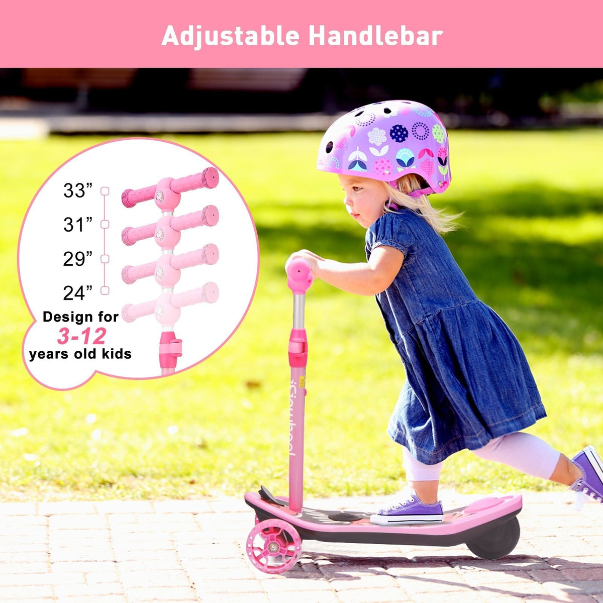 Helmeted child riding the blue isinwheel Mini Long Range on a flat sidewalk with the LED flashing wheels visible