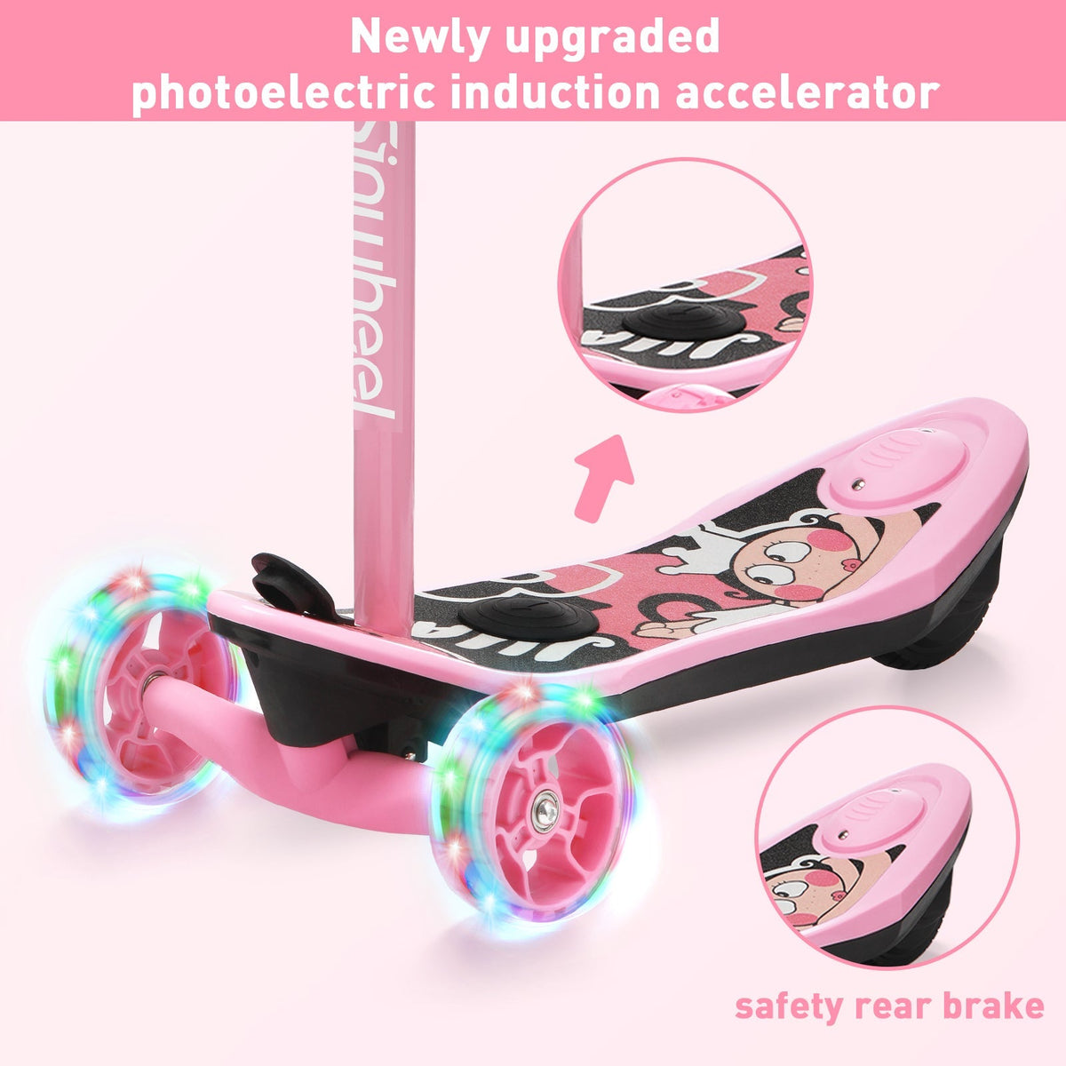 Two helmeted children riding pink isinwheel Mini Long Range scooters in tandem on a paved path