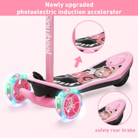 Two helmeted children riding pink isinwheel Mini Long Range scooters in tandem on a paved path