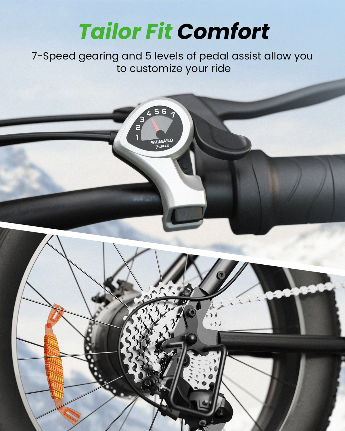 isinwheel M10Pro Shimano 7-speed shifter and rear drivetrain feature graphic