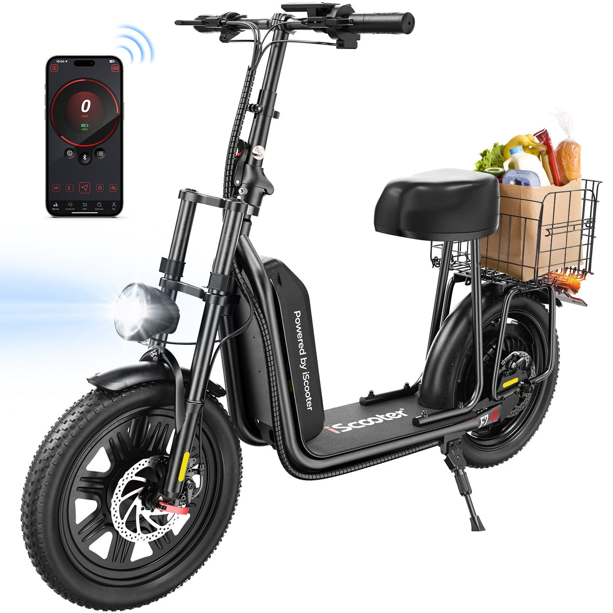 iScooter F7 1000W seated commuter electric scooter with adjustable saddle, dual disc brakes plus electric braking, front and rear dual suspension, foldable aluminum frame, and turn-signal lighting on a 28 mph paved-road commuter platform
