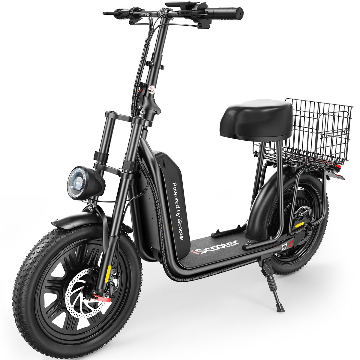 iScooter F7 1000W seated commuter electric scooter with adjustable saddle, dual disc brakes plus electric braking, front and rear dual suspension, foldable aluminum frame, and turn-signal lighting on a 28 mph paved-road commuter platform