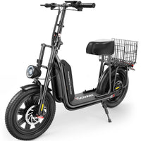 iScooter F7 1000W seated commuter electric scooter with adjustable saddle, dual disc brakes plus electric braking, front and rear dual suspension, foldable aluminum frame, and turn-signal lighting on a 28 mph paved-road commuter platform