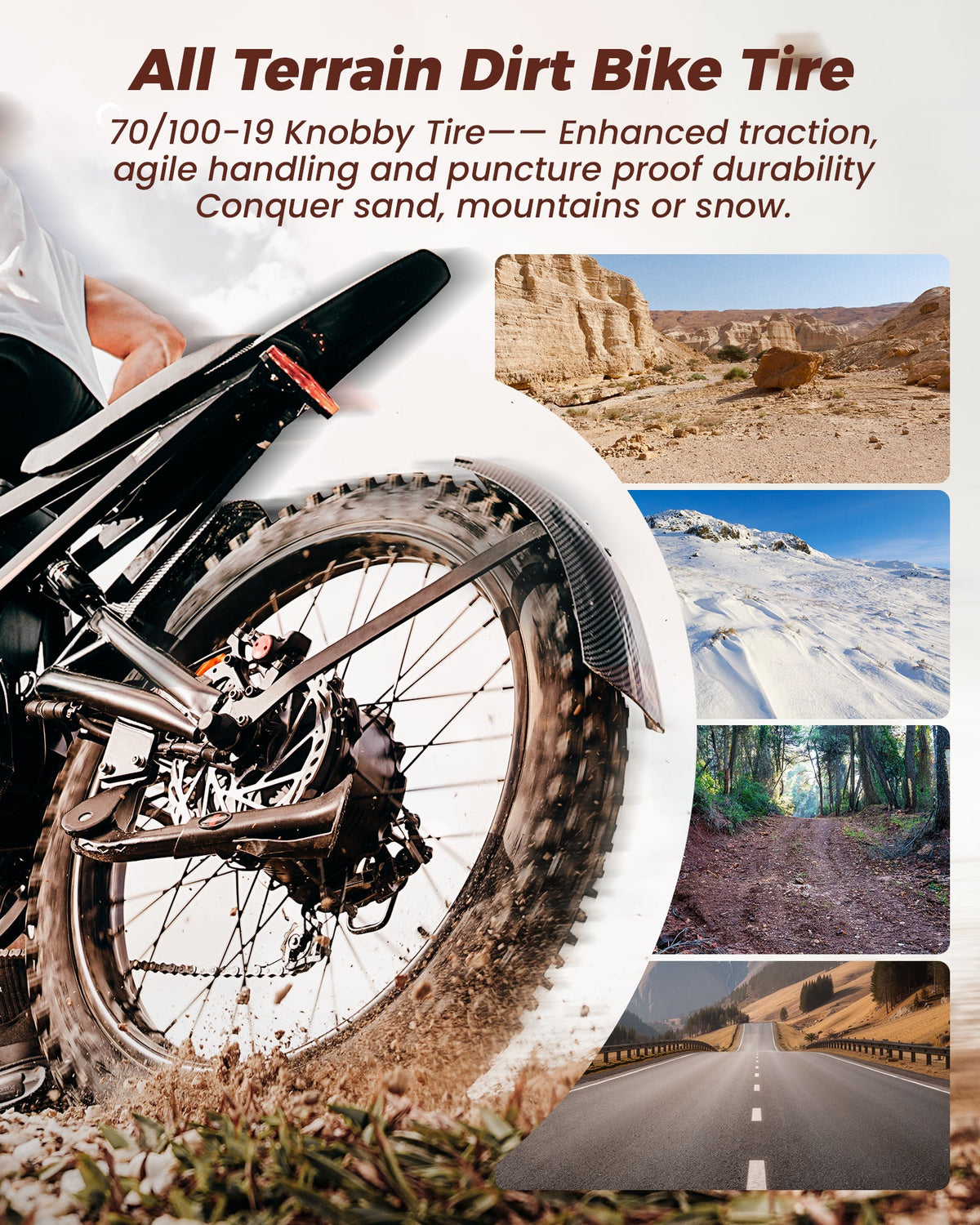 isinwheel R8 tire graphic showing 70/100-19 knobby motorcycle tires across sand, pavement, snow, and dirt surfaces.