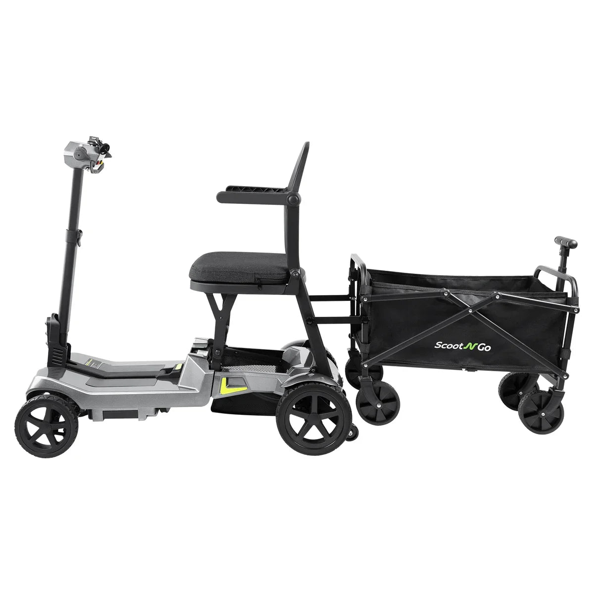 ScootNGo Lite silver-grey mobility scooter attached to a black folding cargo wagon