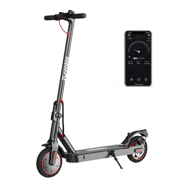 iScooter i9 standing on a white studio background with black deck, red wheel accents, kickstand, and app screen beside it.