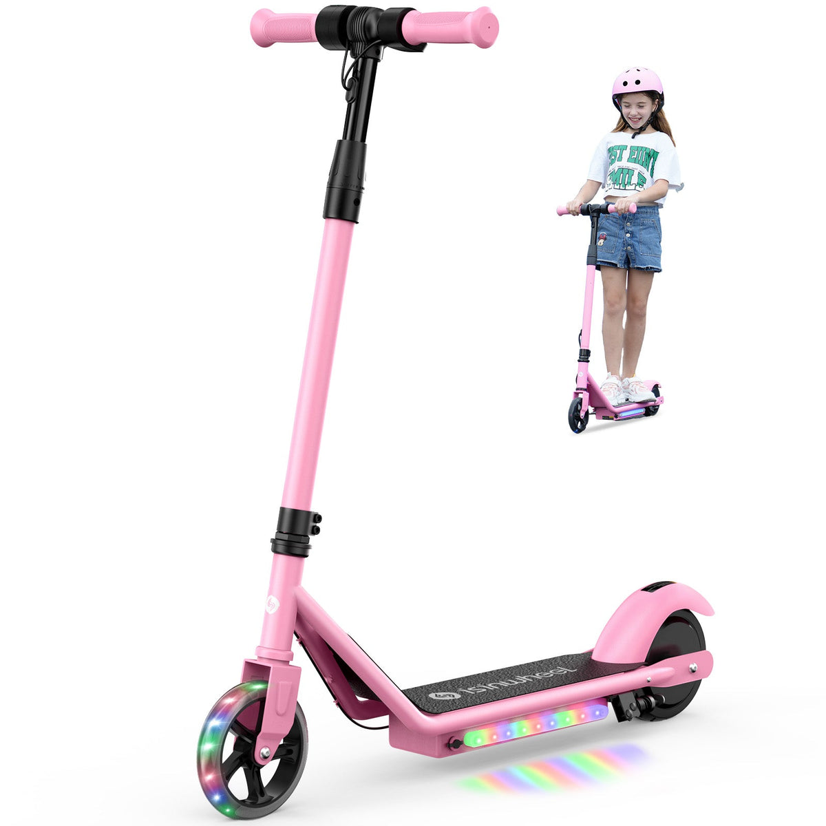 Pink isinwheel S2 kids scooter with child standing behind it