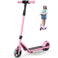 Pink isinwheel S2 kids scooter with child standing behind it