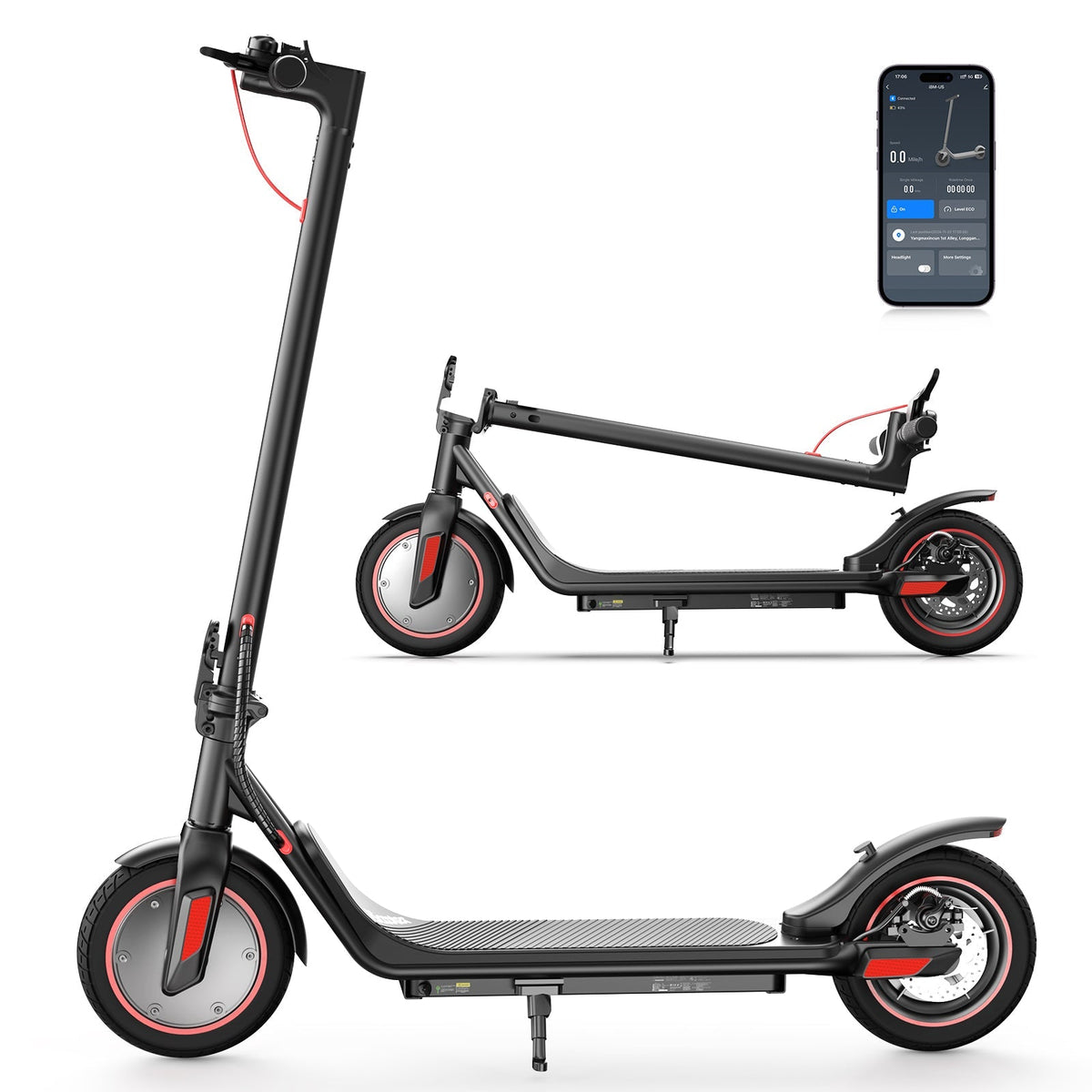 iScooter i9M sub-budget folding commuter electric scooter: 42V peak 500W brushless front-wheel-drive motor, 22 mph, 315Wh battery, 10-inch pneumatic tires, EBAS plus rear disc brake, IP54, Tuya app integration, included mudguards, 28.9 lb folded