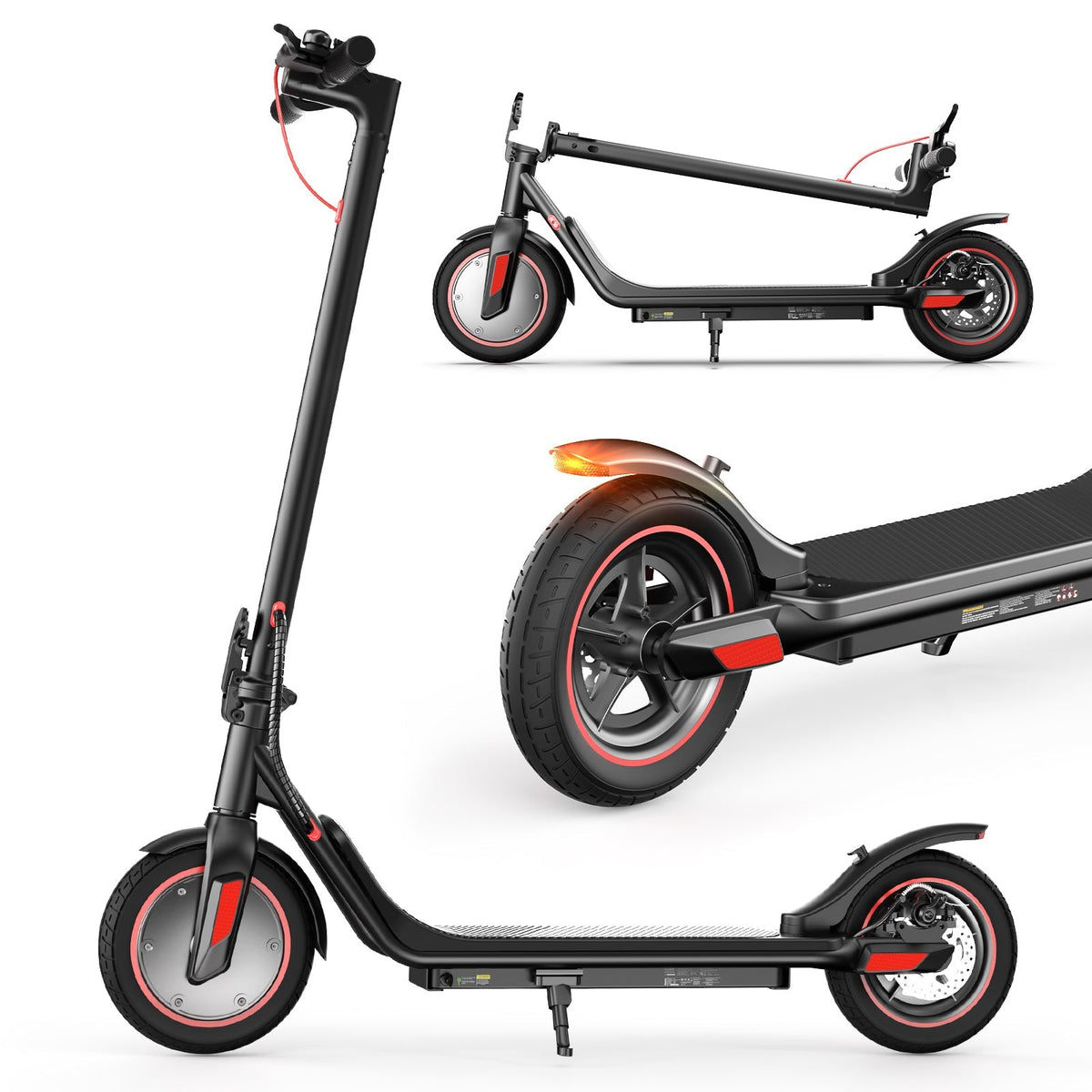 iScooter i9M sub-budget folding commuter electric scooter: 42V peak 500W brushless front-wheel-drive motor, 22 mph, 315Wh battery, 10-inch pneumatic tires, EBAS plus rear disc brake, IP54, Tuya app integration, included mudguards, 28.9 lb folded