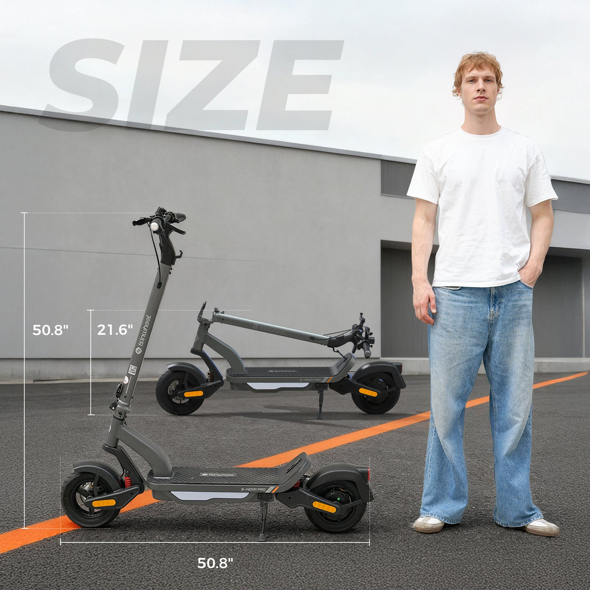 S Nova Pro size feature graphic showing 50.8 inches unfolded length, 21.6 inches folded height, and a rider standing next to the gray scooter for scale