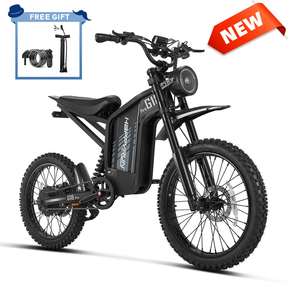 HappyRun G18 Pro Tank adult Tank-format off-road electric dirt bike: 4500W peak motor, 200 Nm torque, 38 mph top speed, 2100Wh battery, 19-inch front and 17-inch rear off-road tires (largest in HappyRun line), hydraulic disc brakes with 203mm rear rotor, carbon steel frame, 33-inch seat, 5'3" to 6'5" rider range, 350 lb max load