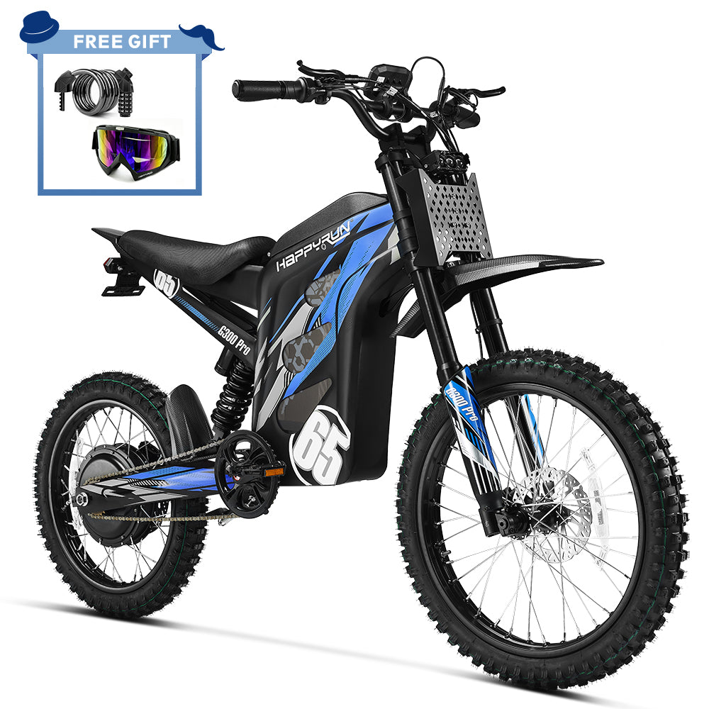 HappyRun G300 Pro 6500W peak motocross-format electric dirt bike: 50 mph top speed, 72V 30Ah battery, hydraulic 180/203mm disc brakes, inverted front fork, carbon steel frame, motocross-format tires, IPX5, off-road use only