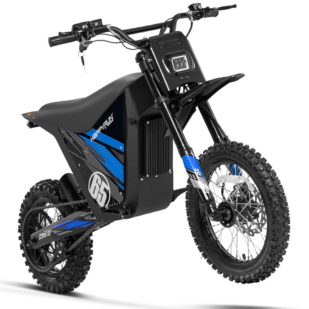 HappyRun G300 SE Mini mid-drive off-road electric dirt bike: 4500W peak mid-drive motor, 36 mph top speed, 1248Wh battery, hydraulic disc brakes with 190mm rotors, full suspension, 29-inch seat, 3'11" to 6'1" rider range, IPX5, carbon steel frame