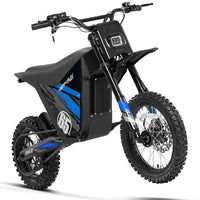 HappyRun G300 SE Mini mid-drive off-road electric dirt bike: 4500W peak mid-drive motor, 36 mph top speed, 1248Wh battery, hydraulic disc brakes with 190mm rotors, full suspension, 29-inch seat, 3'11" to 6'1" rider range, IPX5, carbon steel frame