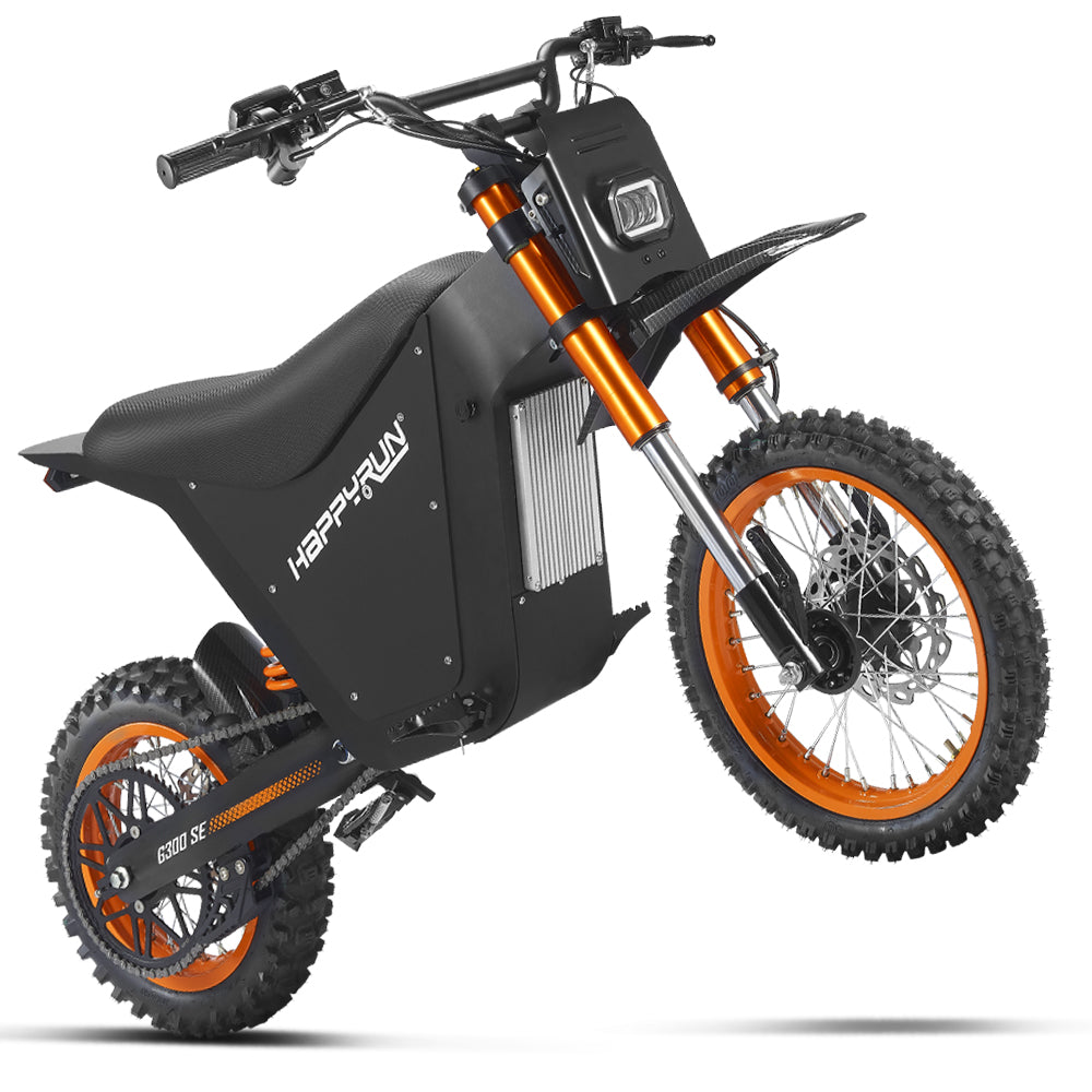 HappyRun G300 SE Mini mid-drive off-road electric dirt bike: 4500W peak mid-drive motor, 36 mph top speed, 1248Wh battery, hydraulic disc brakes with 190mm rotors, full suspension, 29-inch seat, 3'11" to 6'1" rider range, IPX5, carbon steel frame