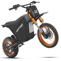 HappyRun G300 SE Mini mid-drive off-road electric dirt bike: 4500W peak mid-drive motor, 36 mph top speed, 1248Wh battery, hydraulic disc brakes with 190mm rotors, full suspension, 29-inch seat, 3'11" to 6'1" rider range, IPX5, carbon steel frame