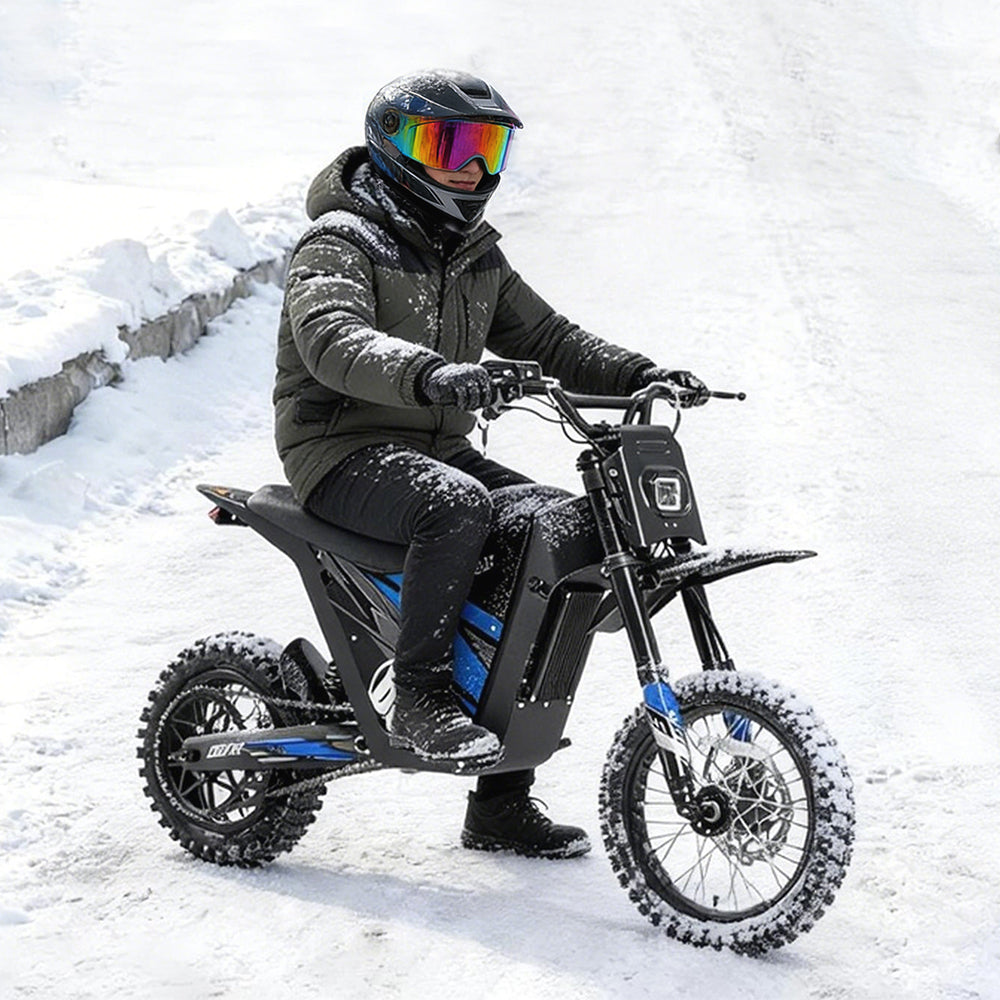 HappyRun G300 SE Mini mid-drive off-road electric dirt bike: 4500W peak mid-drive motor, 36 mph top speed, 1248Wh battery, hydraulic disc brakes with 190mm rotors, full suspension, 29-inch seat, 3'11" to 6'1" rider range, IPX5, carbon steel frame