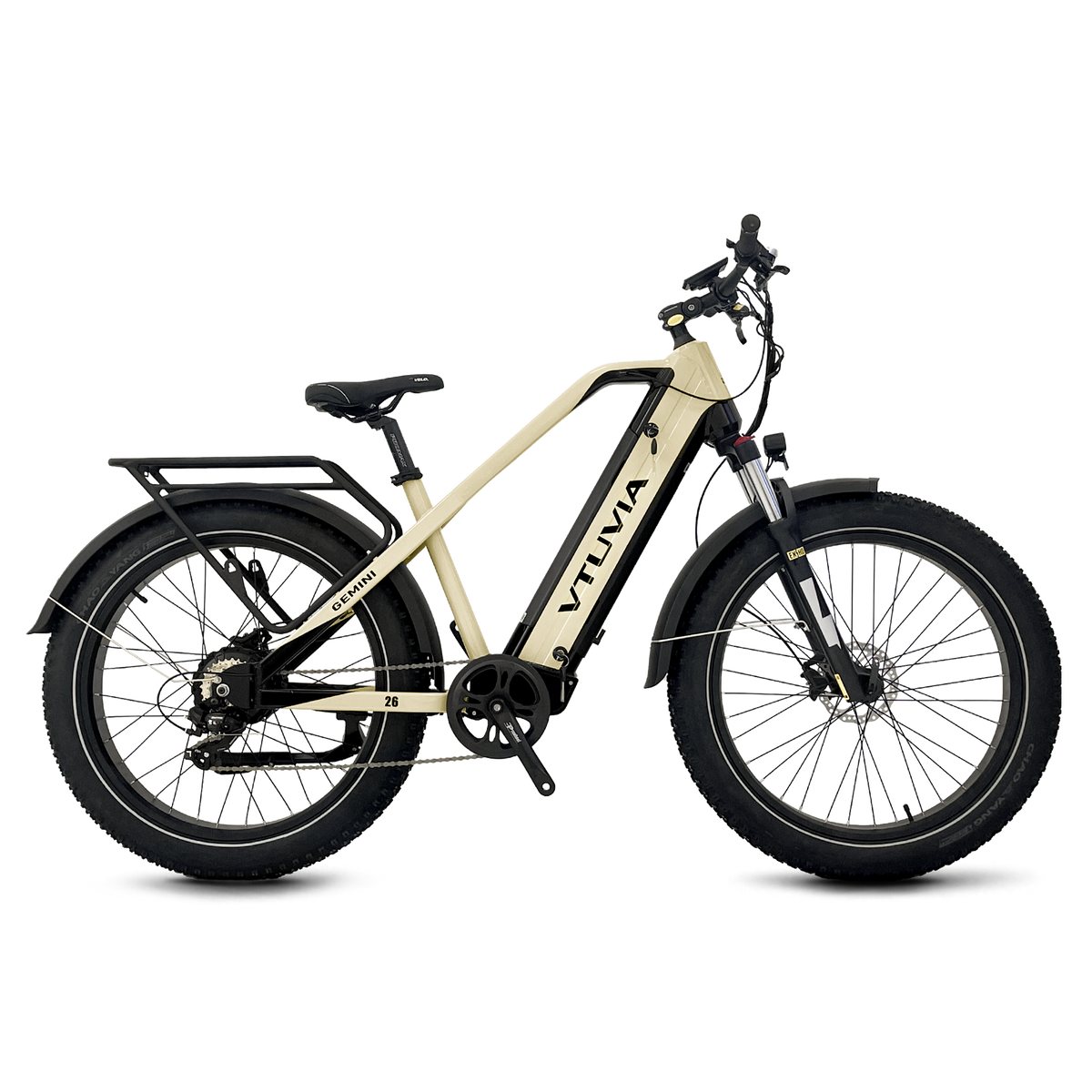 Champagne VTUVIA Gemini fat-tire electric bike side profile with dual-battery frame visible