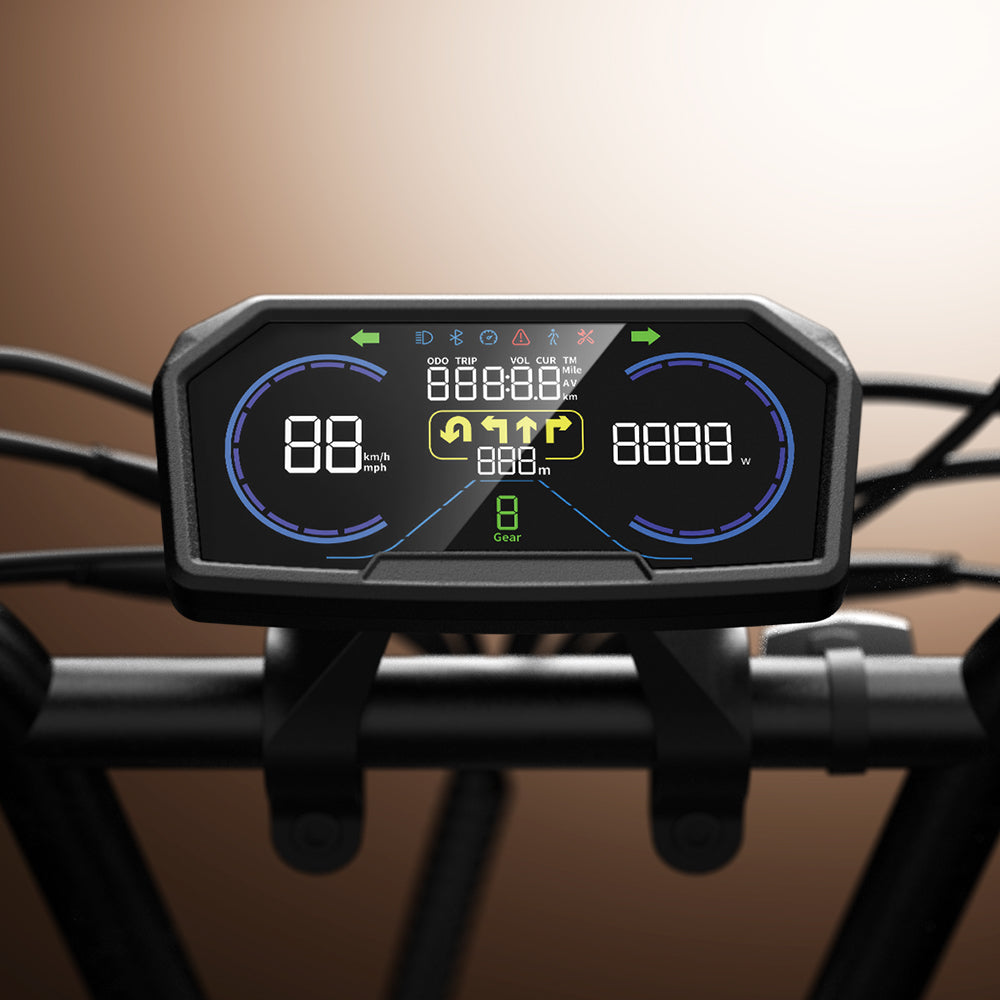 Color LCD dashboard showing speed, battery, and ride information