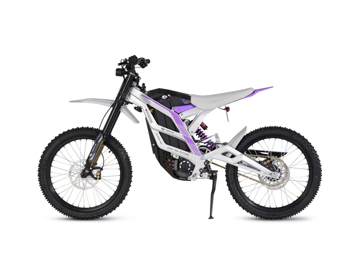 79BIKE Falcon Pro in Silver Metallic with purple graphics, left-side product view