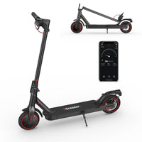 Folded iScooter i9 shown beside the app screen to show compact storage height after folding.
