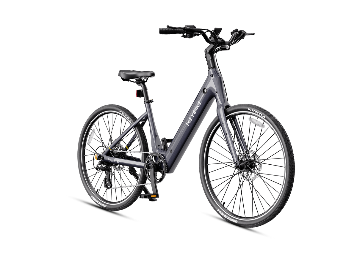 Heybike Venus lightweight step-thru cruiser electric bike: 750W Galaxy hub motor (1400W peak), 70 Nm torque, 28 mph Class 2/3 switchable, 27.5x2.2 Kenda road tires, aluminum-alloy low-step frame, Shimano Altus 8-speed, hydraulic discs, UL 2849 + UL 2271