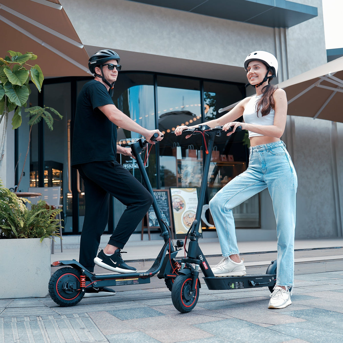 iScooter i10 Pro 800W folding commuter electric scooter: 48V peak 800W brushless rear-wheel-drive motor, 28 mph top speed, 720Wh battery, 10-inch pneumatic road tires, EBAS front plus double drum rear brakes, front and rear suspension, IP54, dedicated iScooter app, 53.9 lb folded