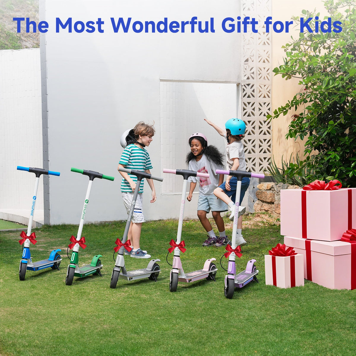 Children with gray, pink, blue, green, and purple isinwheel S4 scooters