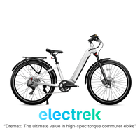 Lunar white Dremax step-through commuter e-bike shown in profile with rack and fenders.