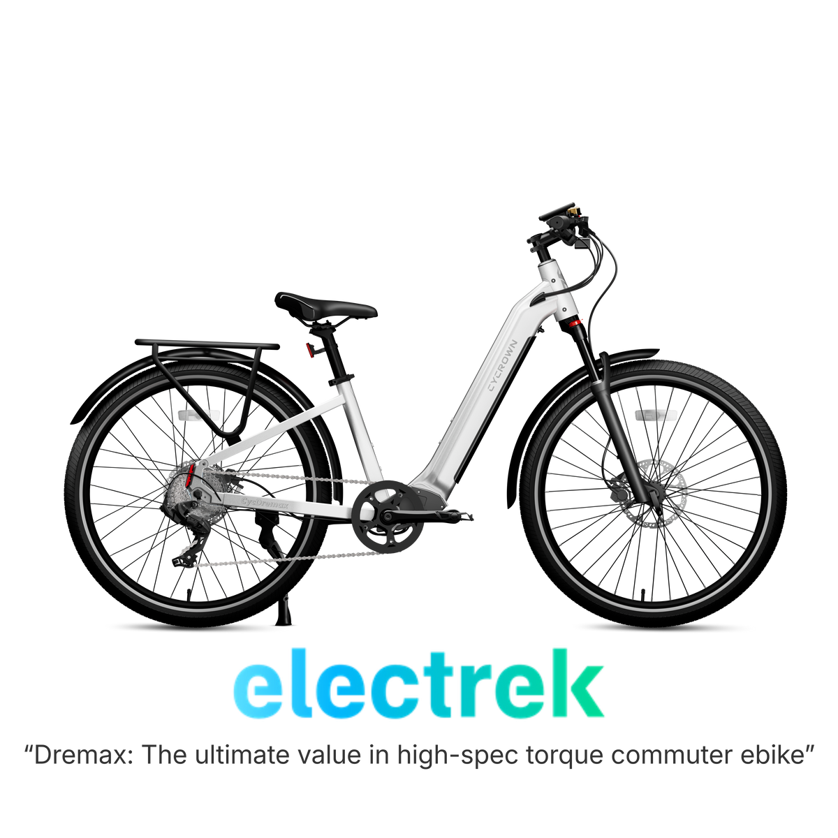 Lunar white Dremax step-through commuter e-bike shown in profile with rack and fenders.
