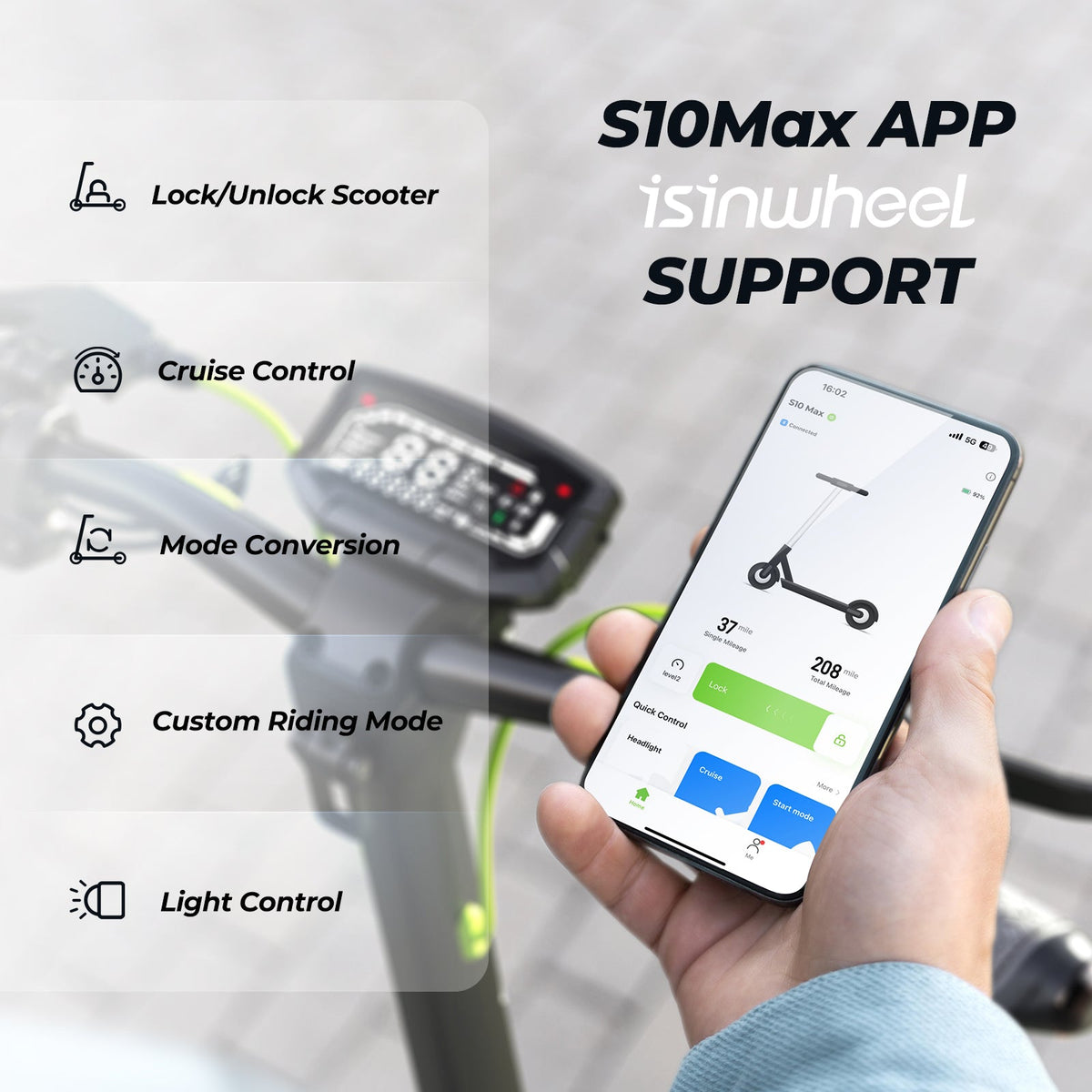 Hand holding the isinwheel app beside the S10Max display with lock, cruise, mode, and light controls listed