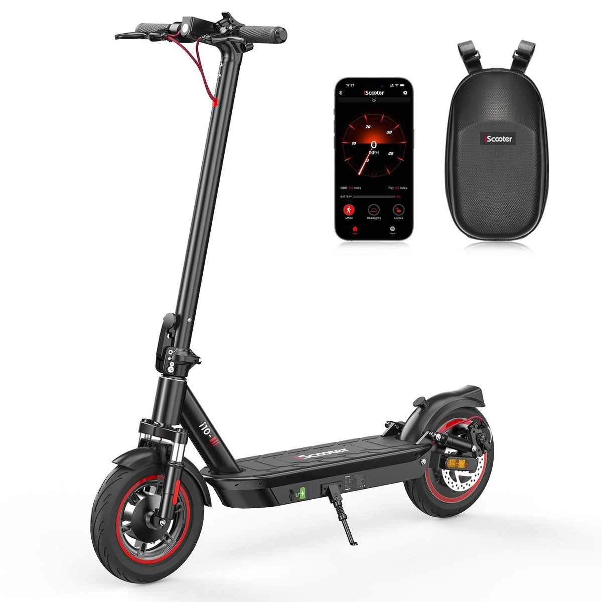 iScooter i10 mid-tier folding commuter electric scooter: 42V peak 650W brushless motor, 25 mph, 4 speed modes, 10-inch pneumatic tires, EBAS front brake plus rear disc, front and rear suspension, IP54, iScooter app, 44 lb net, 264 lb max load