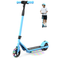 Blue isinwheel S2 kids scooter with child standing behind it