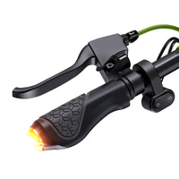 Left handlebar of the S10Max with brake lever, turn-signal switch, grip, and amber indicator