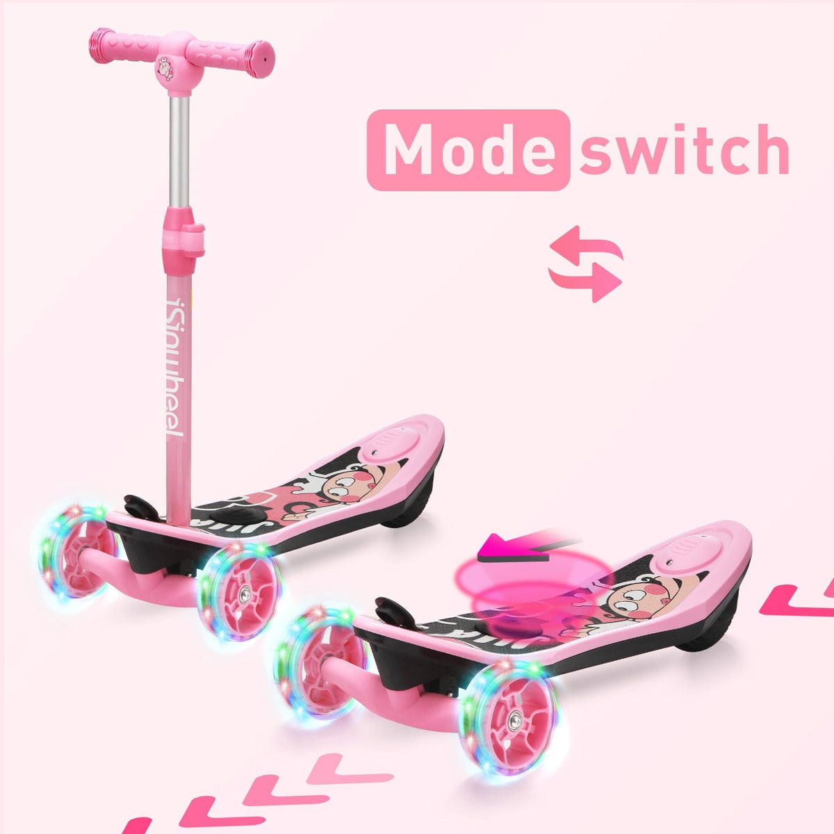 Helmeted child in pink top using the isinwheel Mini Long Range in balance-board mode without the handlebar