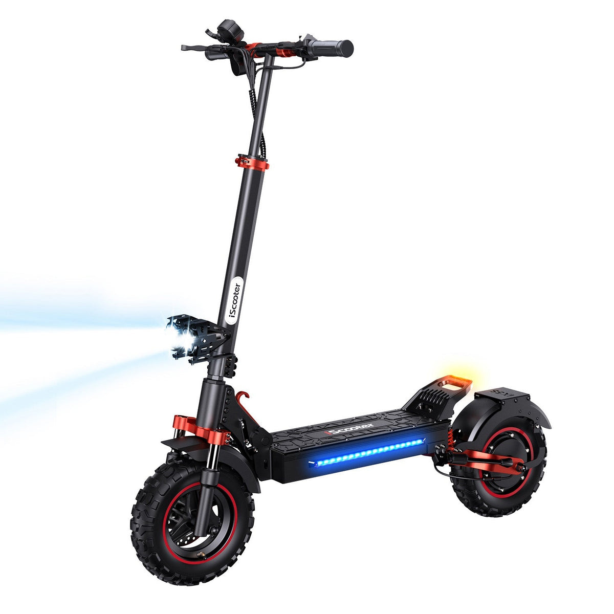 iScooter iX5S 1000W off-road electric scooter: 28 mph, 40-mile range, 11-inch off-road tubeless tires, dual suspension, EABS plus double disc brakes, IPX4 water resistance, 60 lb folded, 330 lb max load