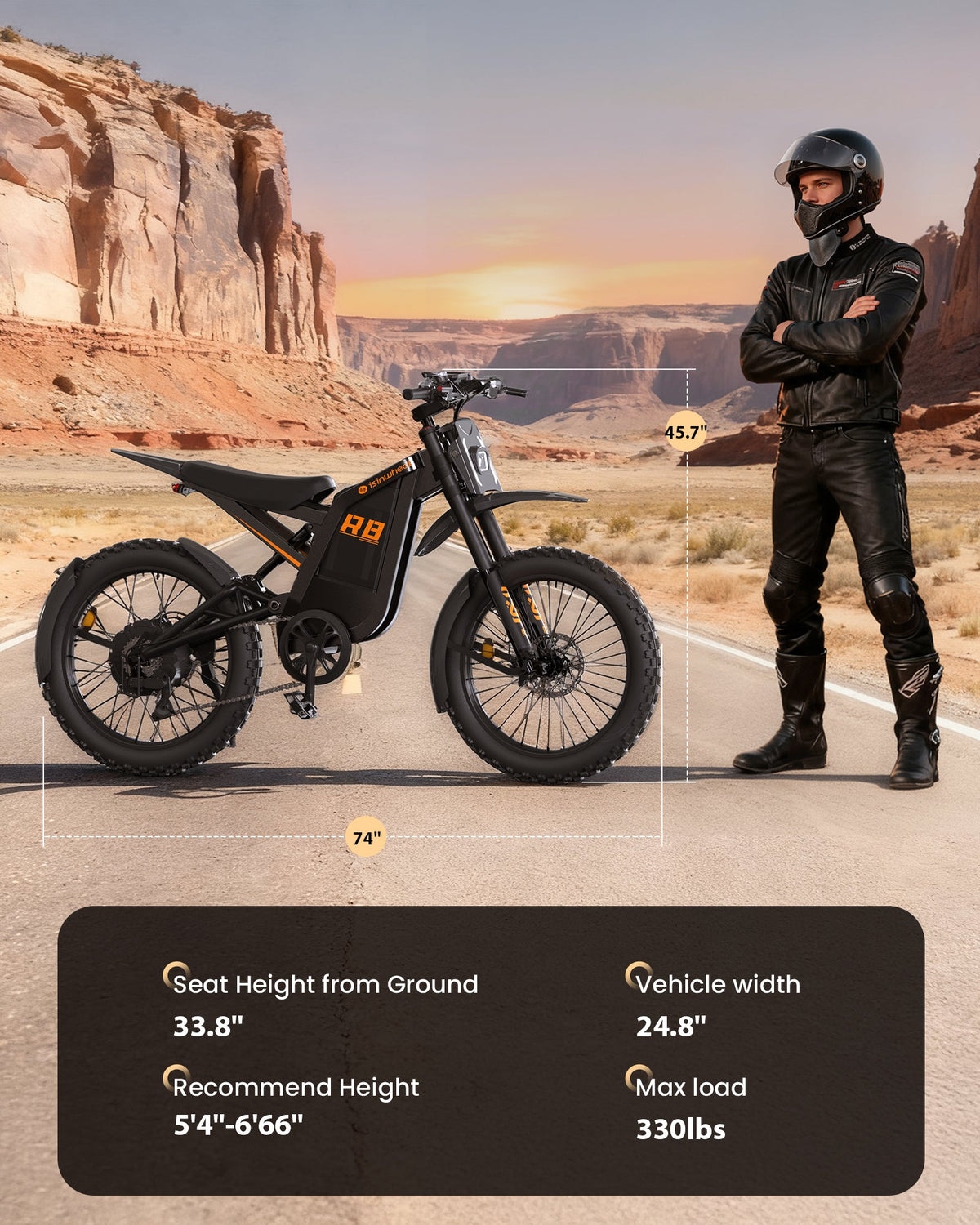 isinwheel R8 rider fit graphic with ground clearance, 24.8 inch standover width, recommended height, and 330 lb max load.
