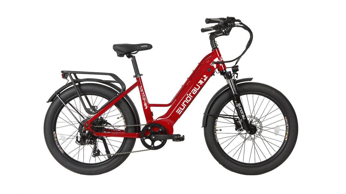 Deep Crimson EUNORAU META-series step-through electric bike, drive-side profile