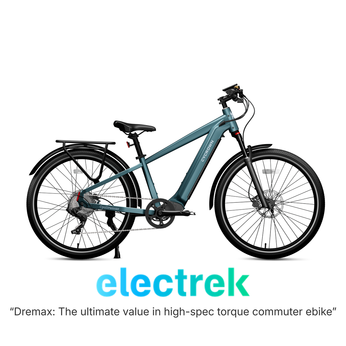 Urban teal Dremax step-over commuter e-bike shown in profile