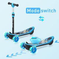 isinwheel Mini Long Range 2-in-1 mode-switch feature graphic with the scooter shown with the handlebar attached and again as a low balance board with the handlebar removed