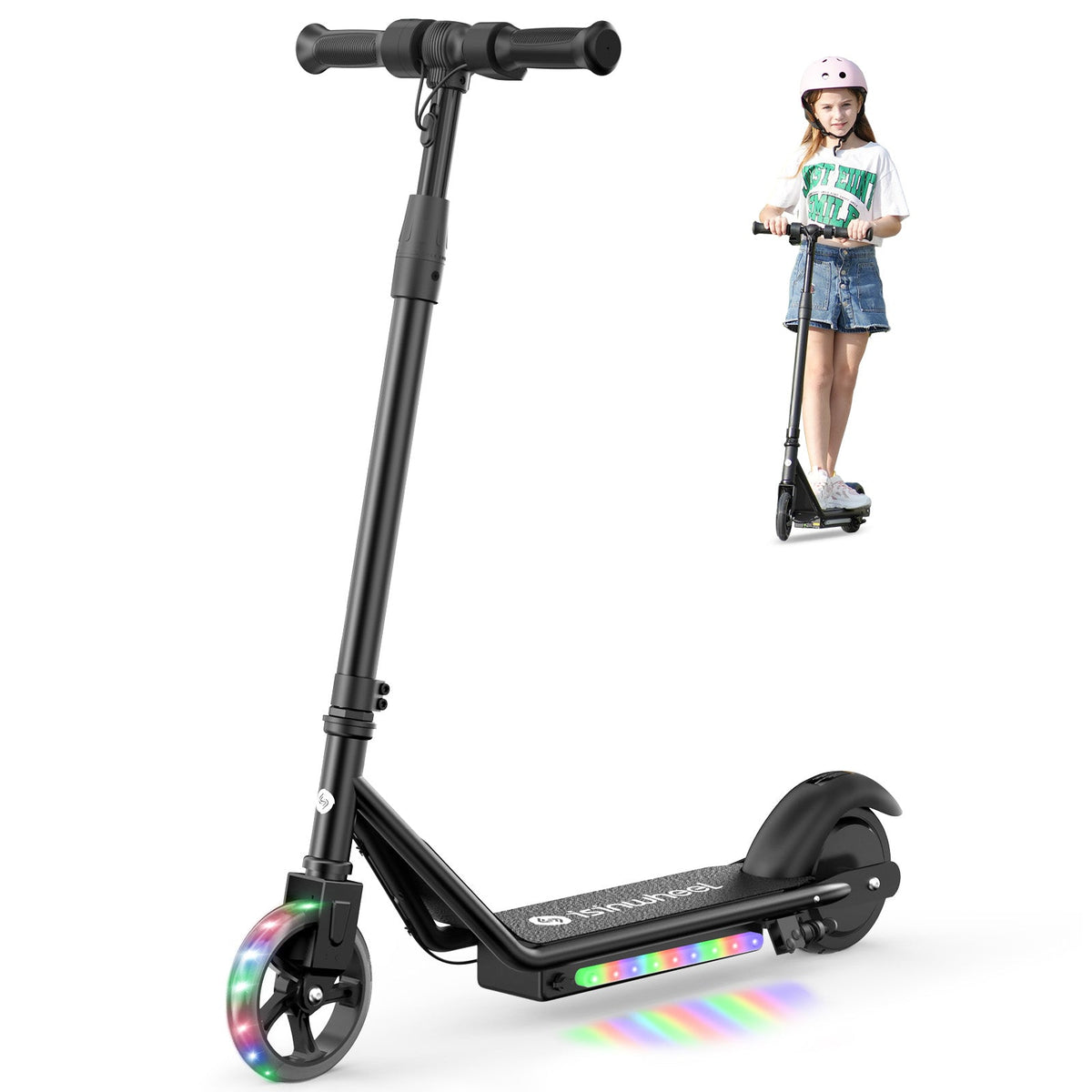 Black isinwheel S2 kids scooter with child standing behind it