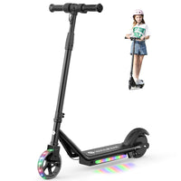 Black isinwheel S2 kids scooter with child standing behind it